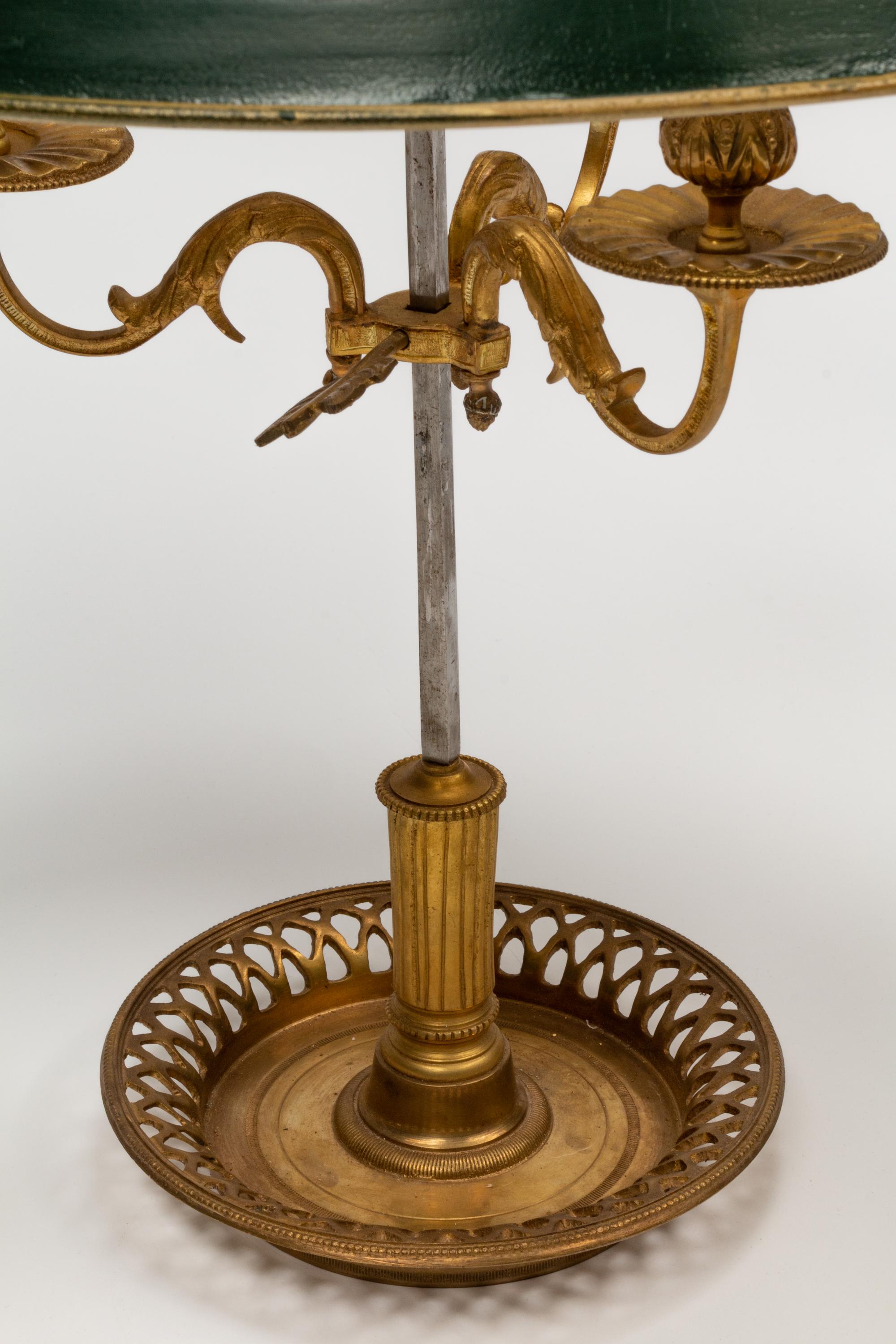 A Pair of Empire Style Gilt Metal Bouillotte Lamps with Tôle Shades