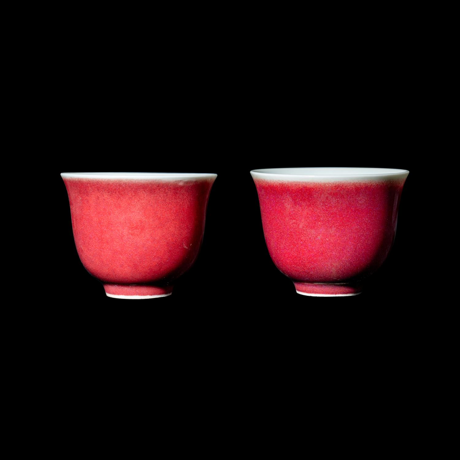 A Pair of Chinese Sang-de-Boeuf Glazed Porcelain Cups, Qing Dynasty 清 永樂堂款祭紅杯一對