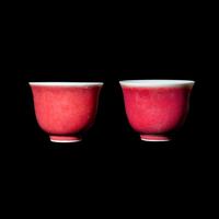A Pair of Chinese Sang-de-Boeuf Glazed Porcelain Cups, Qing Dynasty 清 永樂堂款祭紅杯一對