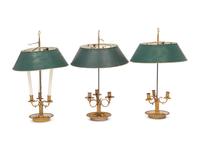 Three French Brass Bouillotte Lamps with Tôle Shades