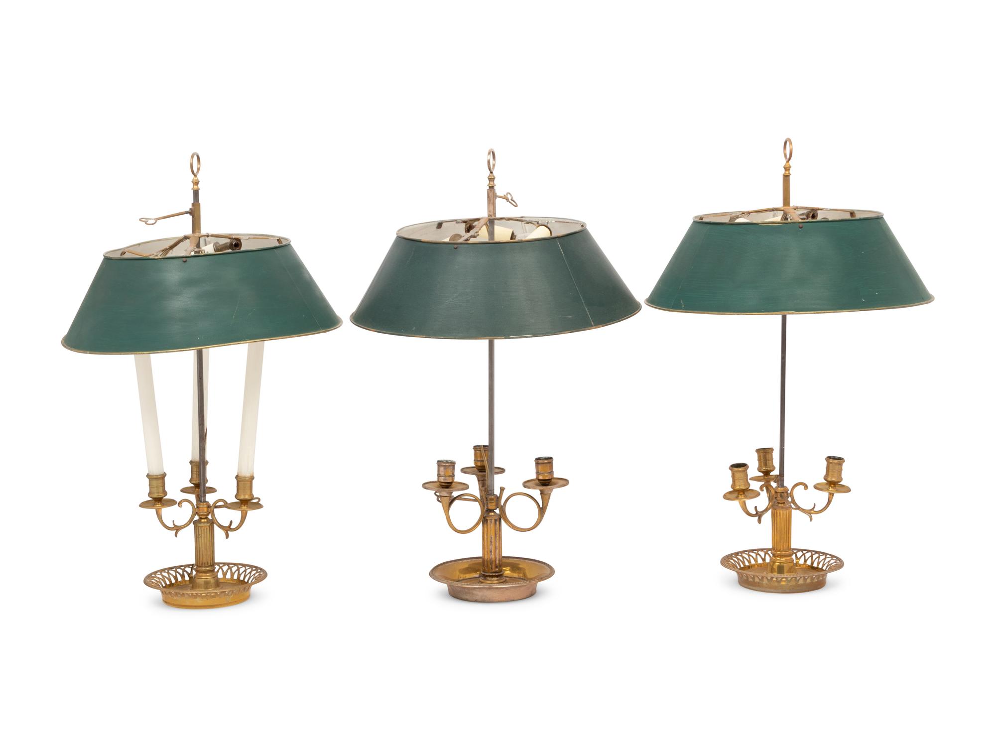 Three French Brass Bouillotte Lamps with Tôle Shades