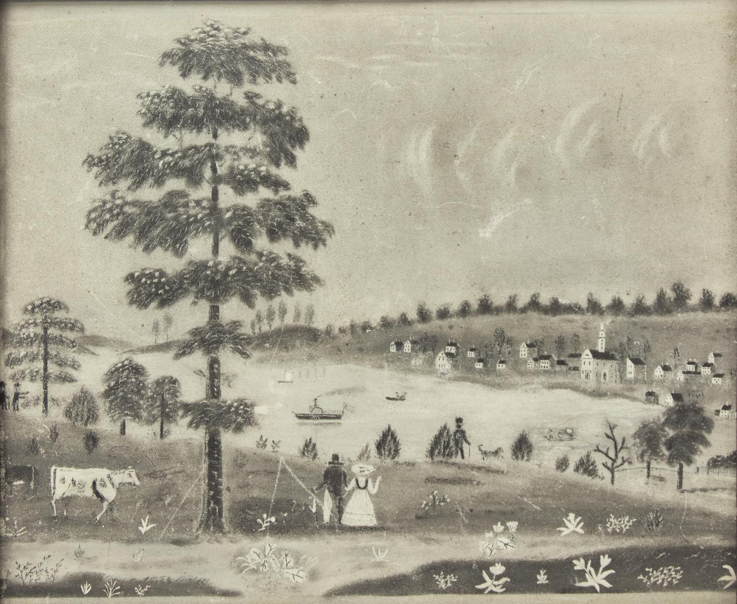 American School 19th Century, Two Sandpaper or Charcoal Landscape Drawings: Winter Scene and River View