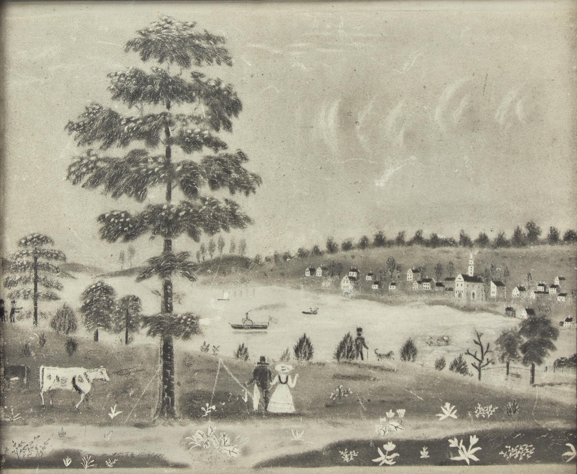 American School 19th Century, Two Sandpaper or Charcoal Landscape Drawings: Winter Scene and River View