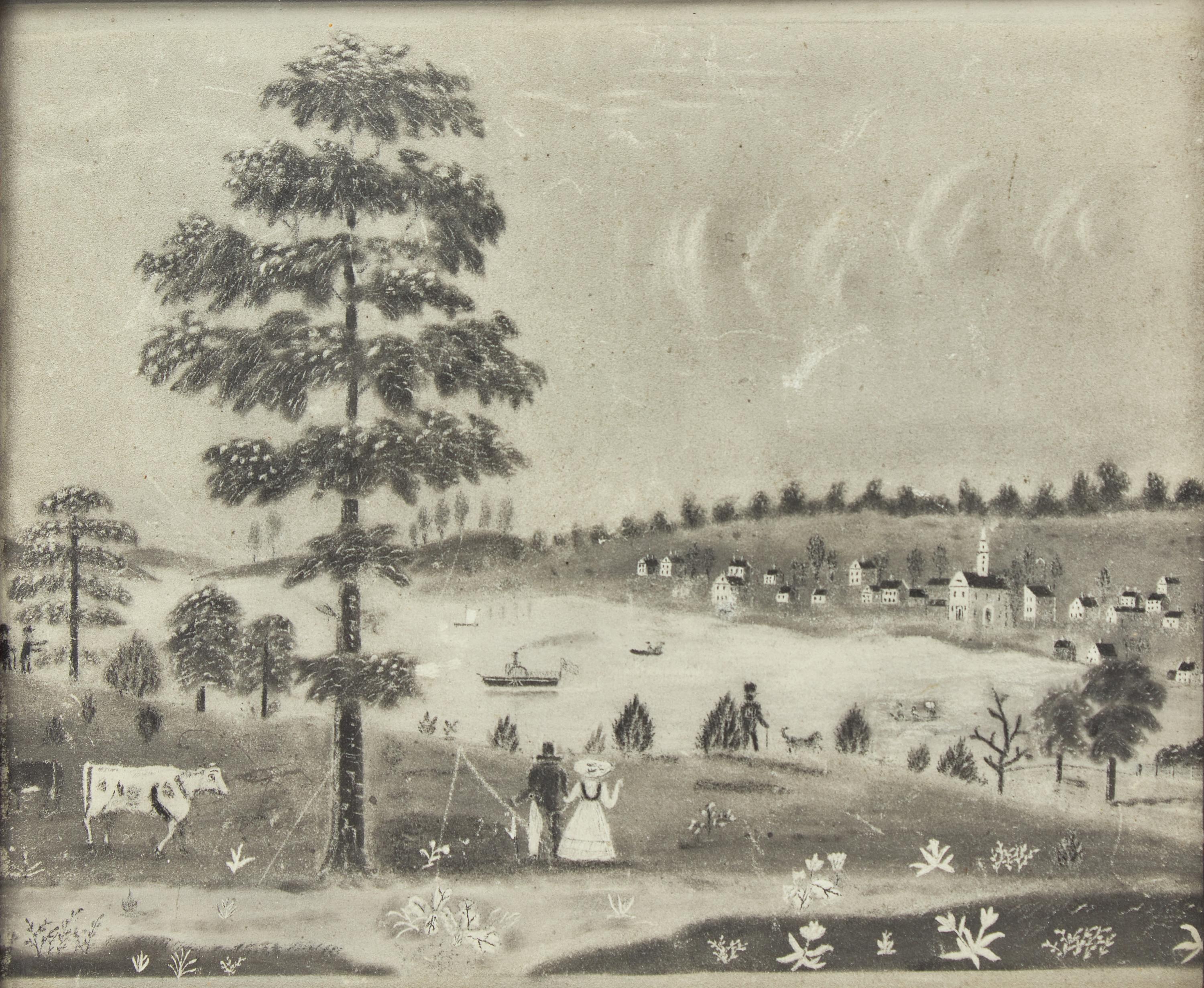 American School 19th Century, Two Sandpaper or Charcoal Landscape Drawings: Winter Scene and River View