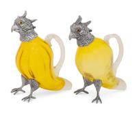 A Pair of Silver-Plate and Yellow Glass Pheasant Decanters
