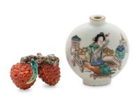 A Chinese Famille Rose Porcelain Snuff Bottle and a Porcelain Model of Double Lychee