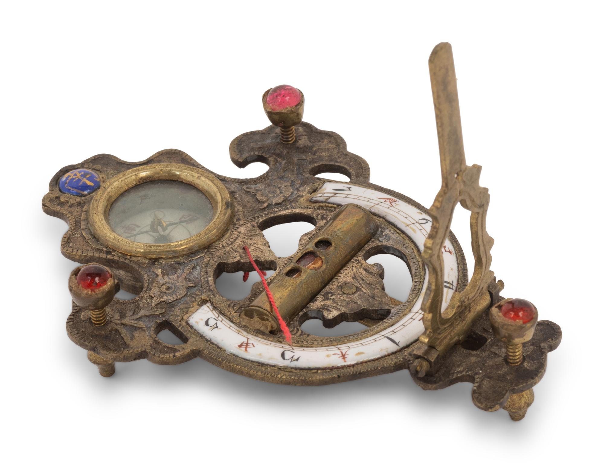 A Chinese Enameled Brass Navigation Compass and Sundial