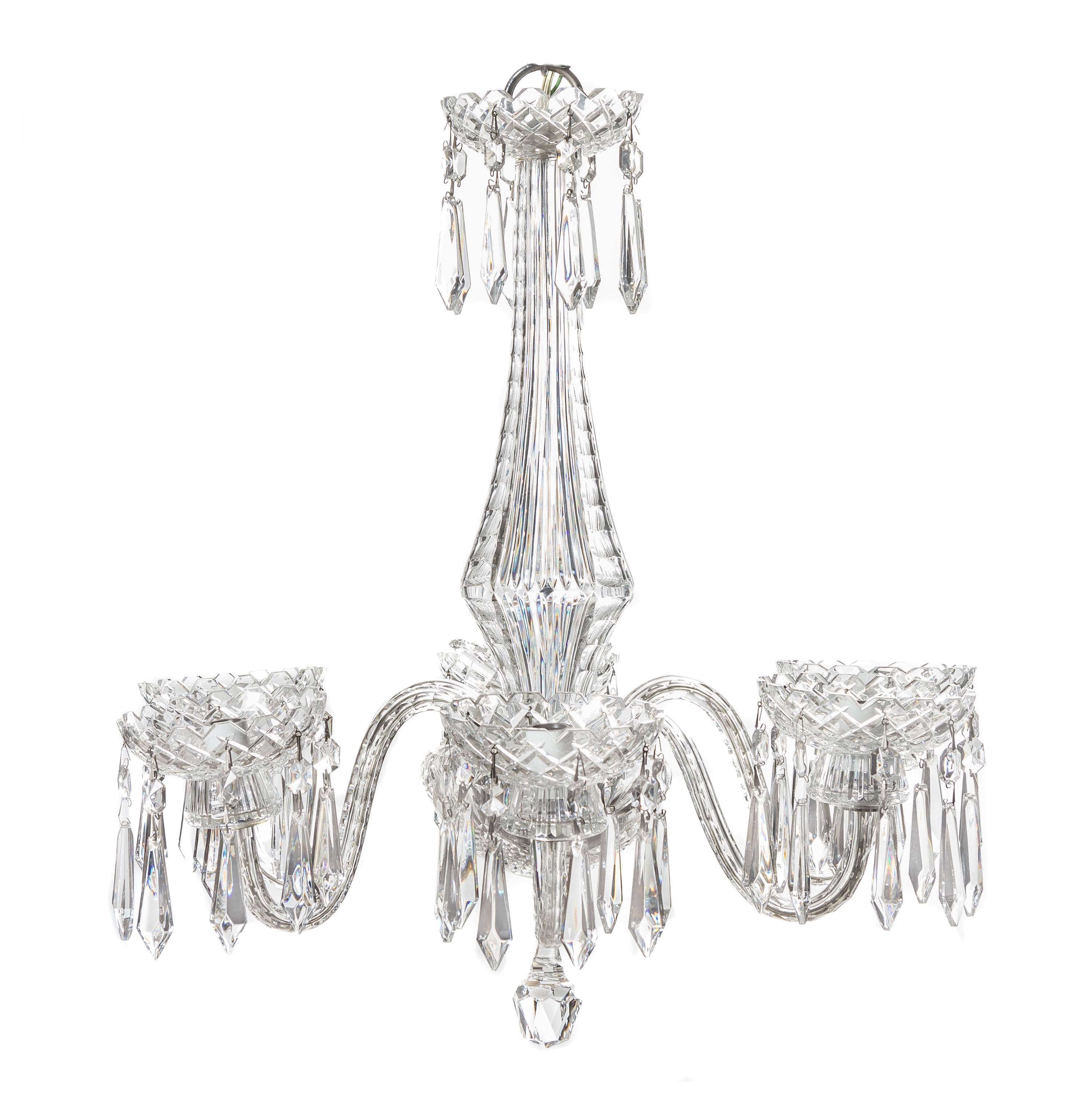 A Waterford Cut Glass Six-Light Chandelier, Height 24 x diameter 23 inches.