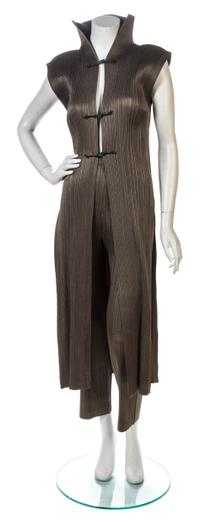 An Issey Miyake Taupe Pleated Pant Ensemble, Tunic size M, pant size S.