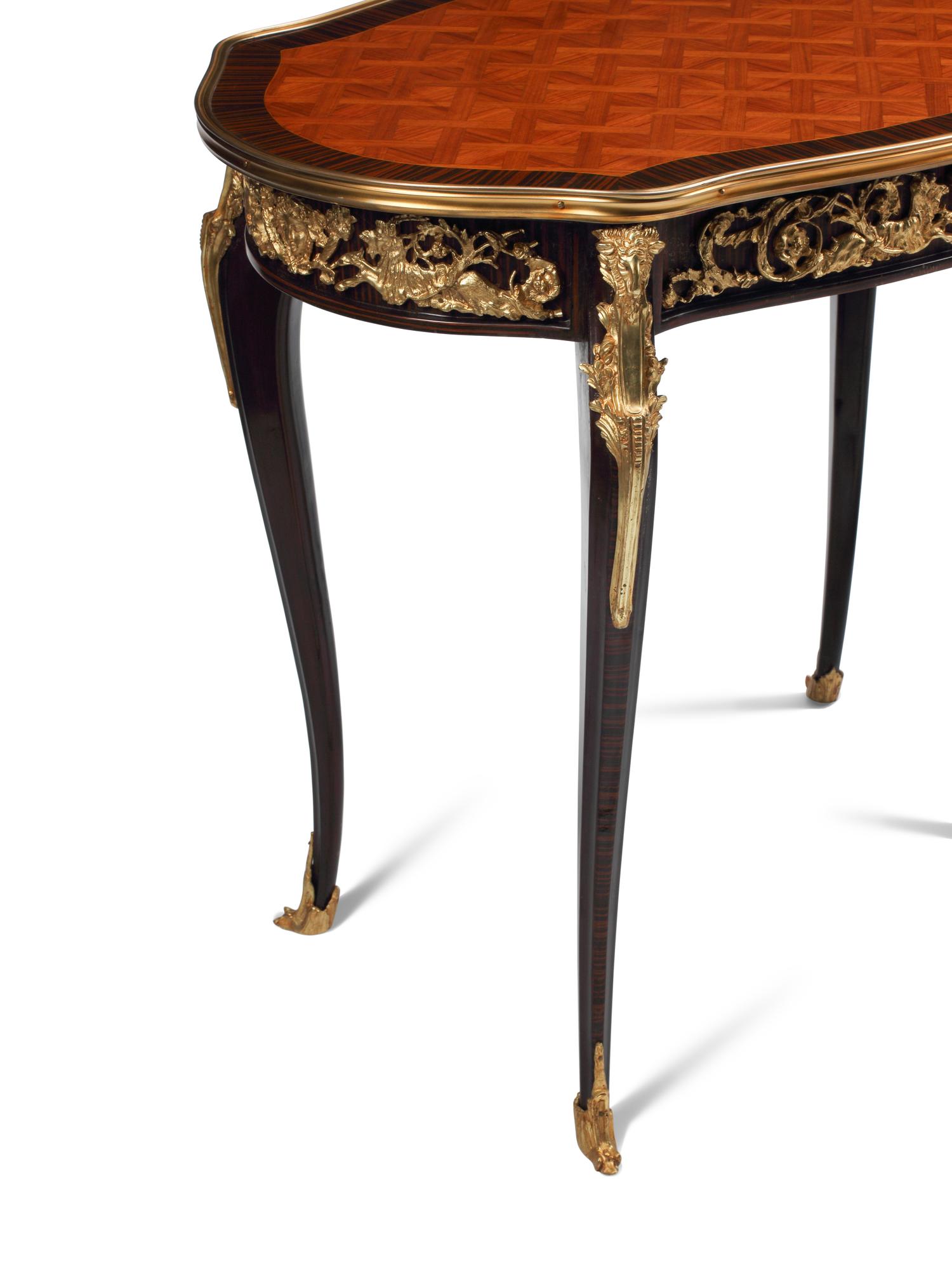 A Pair of Louis XV Style Gilt Bronze Mounted Parquetry Tables