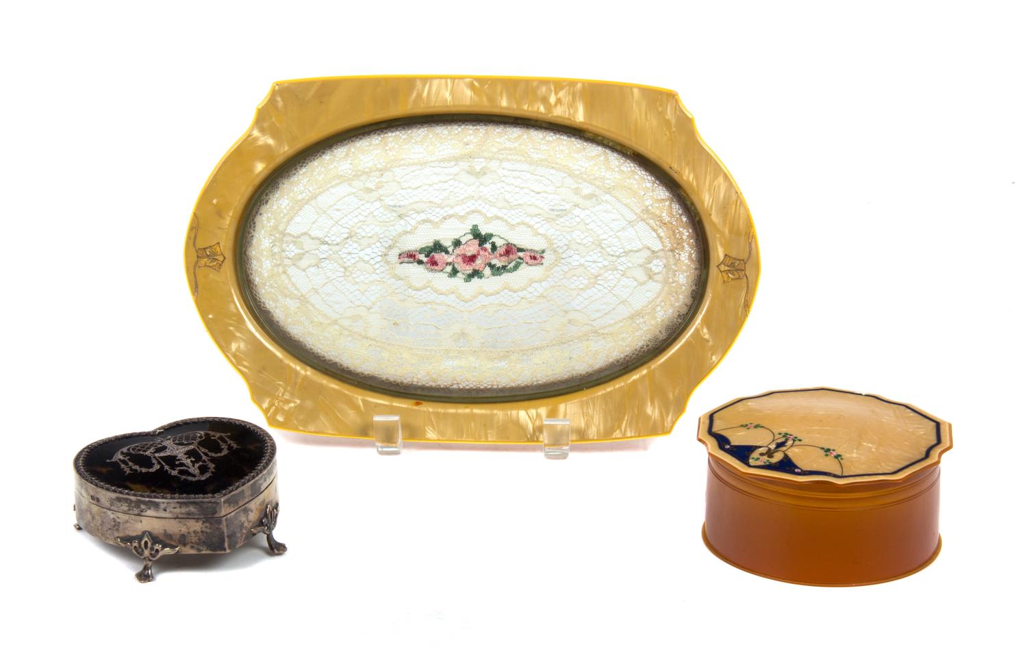 Three Miscellaneous Dressing Table Articles Length of tray 11 inches. — 20TH CENTURY