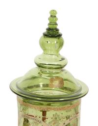 A Near Pair of Bohemian/German Enameled Green Glass Vases and Covers, Humpen