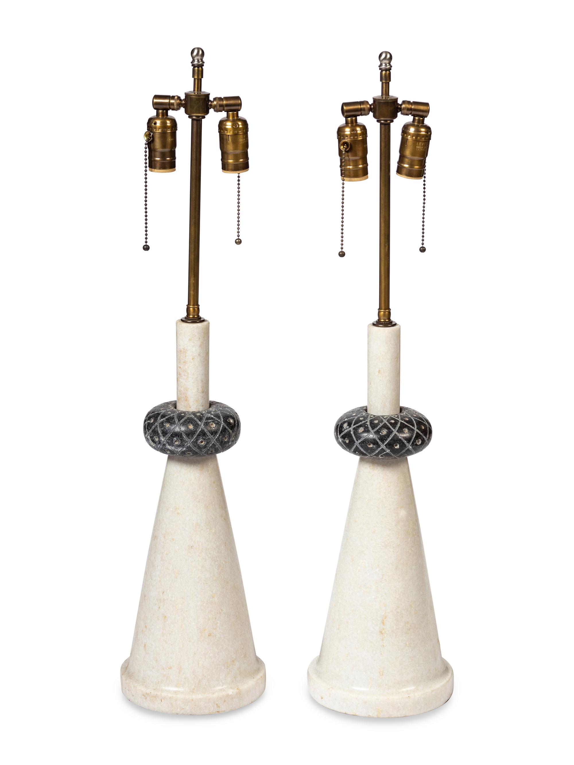 A Pair of Contemporary Turned Marble Table Lamps