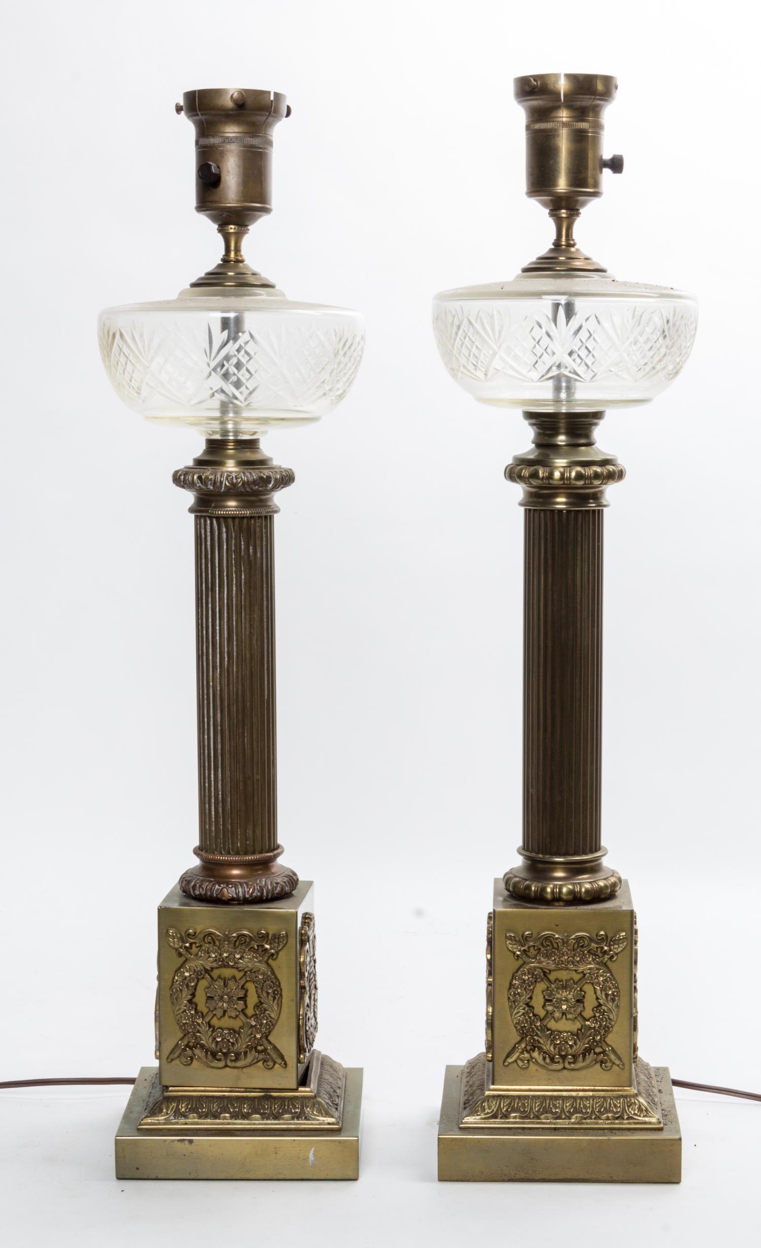 A Pair of Brass and Cut Glass Oil Lamp Bases Height overall 26 inches. — 20TH CENTURY