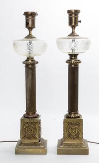 A Pair of Brass and Cut Glass Oil Lamp Bases Height overall 26 inches. — 20TH CENTURY
