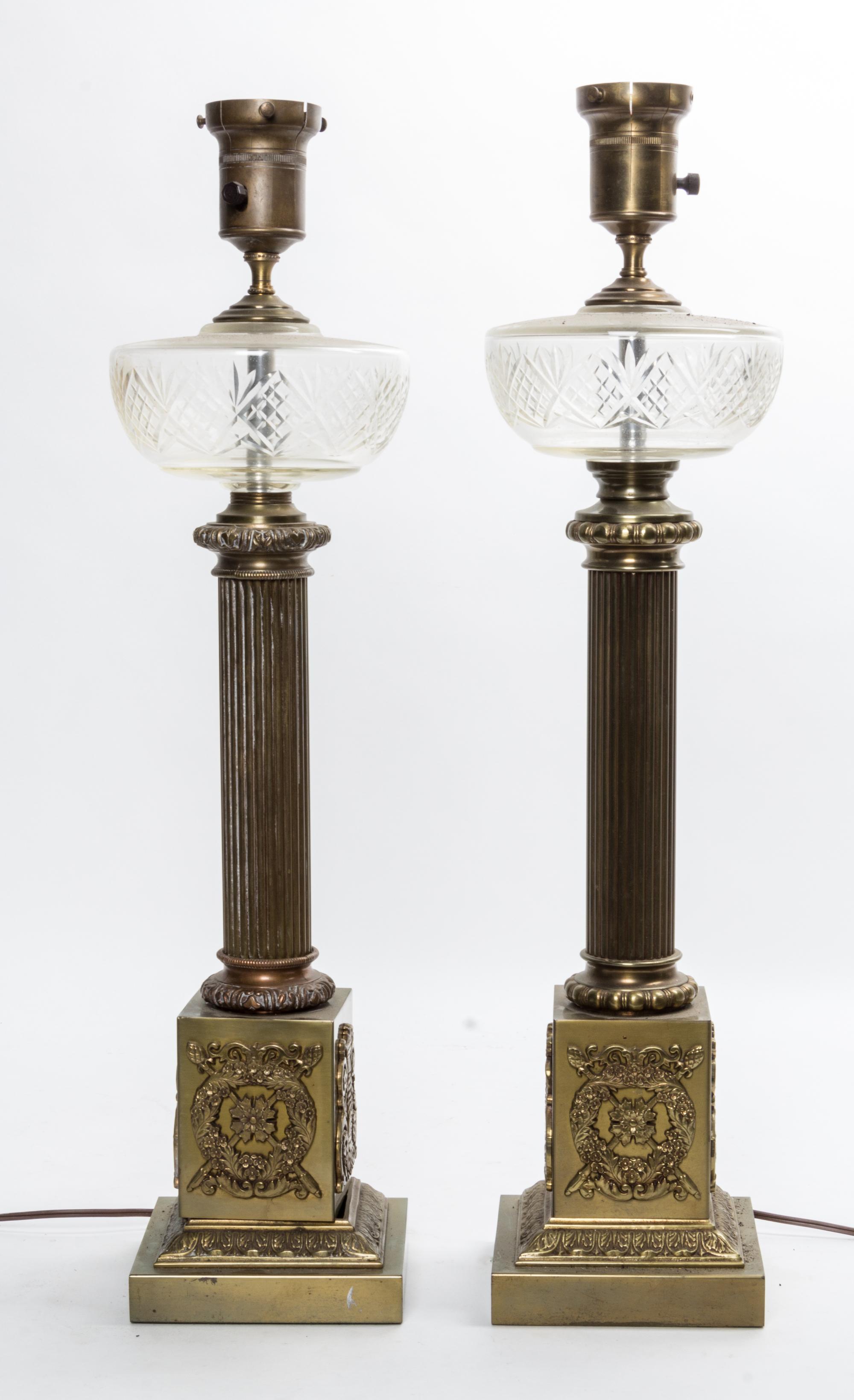 A Pair of Brass and Cut Glass Oil Lamp Bases Height overall 26 inches. — 20TH CENTURY