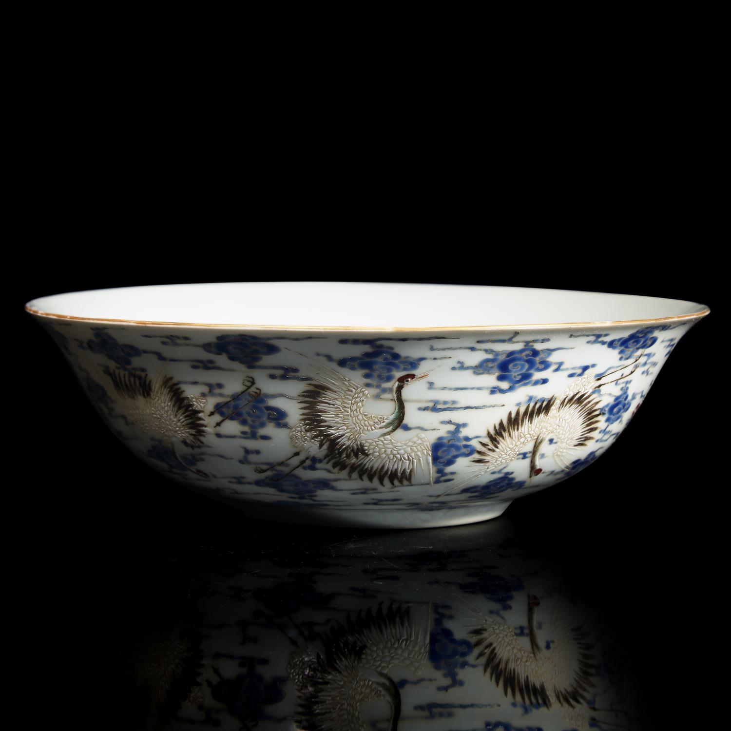 A Chinese Enameled "Cranes" Bowl, "Bao Shan Zhai" Mark 寶善齋製款 粉彩雲鶴圖盌