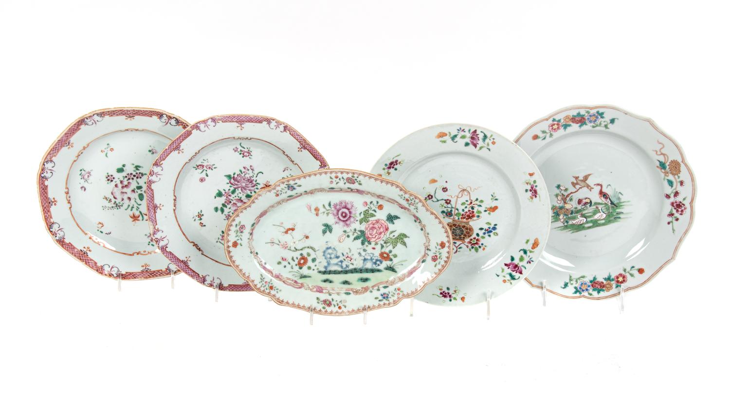 Five Chinese Export Famille Rose Porcelain Plates