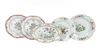 Five Chinese Export Famille Rose Porcelain Plates