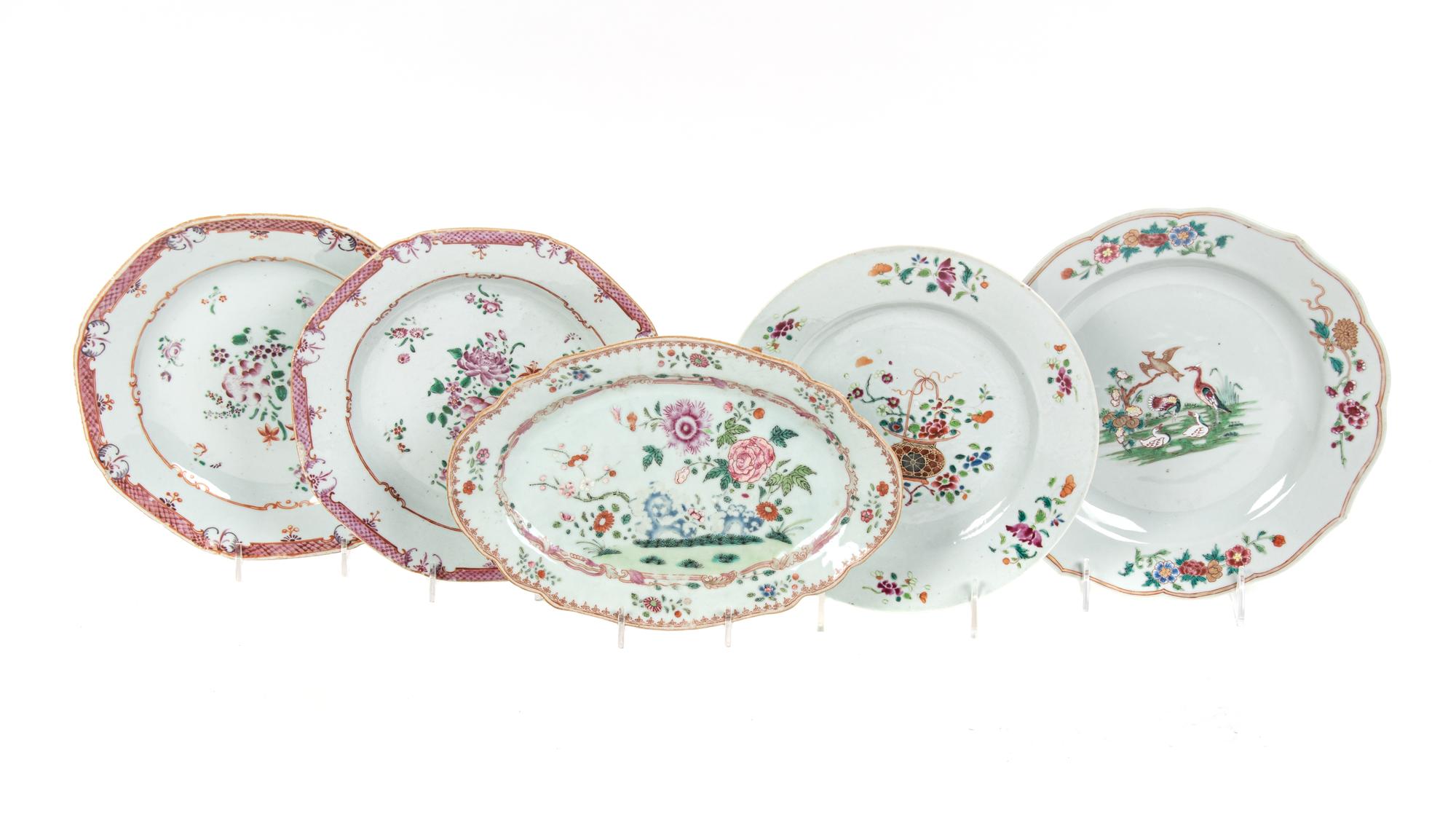 Five Chinese Export Famille Rose Porcelain Plates