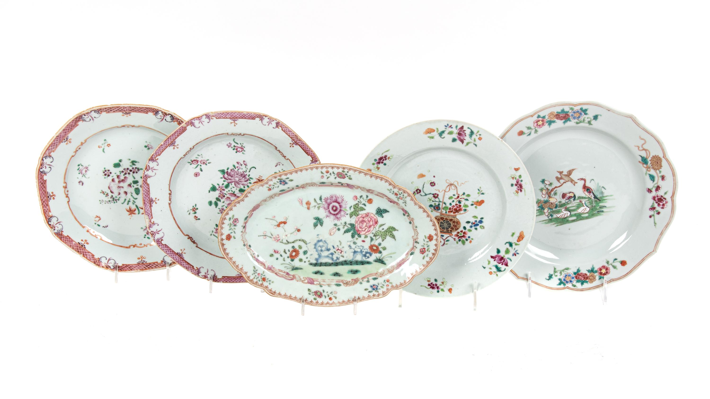 Five Chinese Export Famille Rose Porcelain Plates