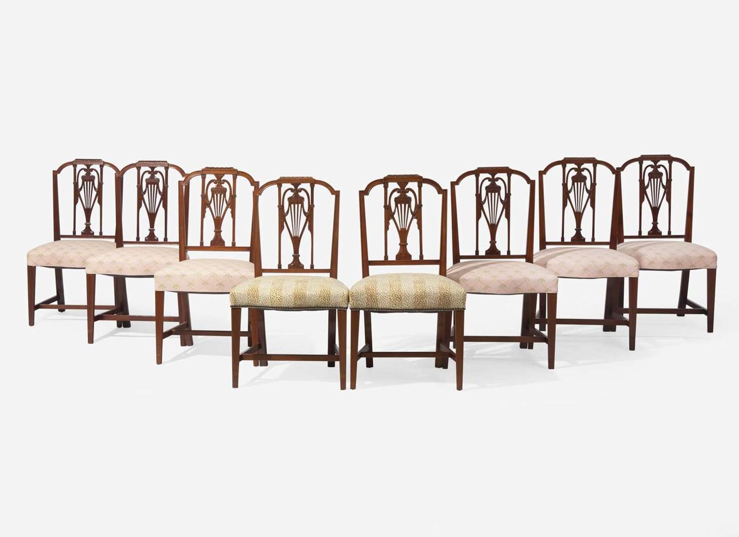 An assembled set of eight Federal mahogany pedestal-back side chairs, Philadelphia, PA, or New York, NY, circa 1800