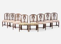 An assembled set of eight Federal mahogany pedestal-back side chairs, Philadelphia, PA, or New York, NY, circa 1800