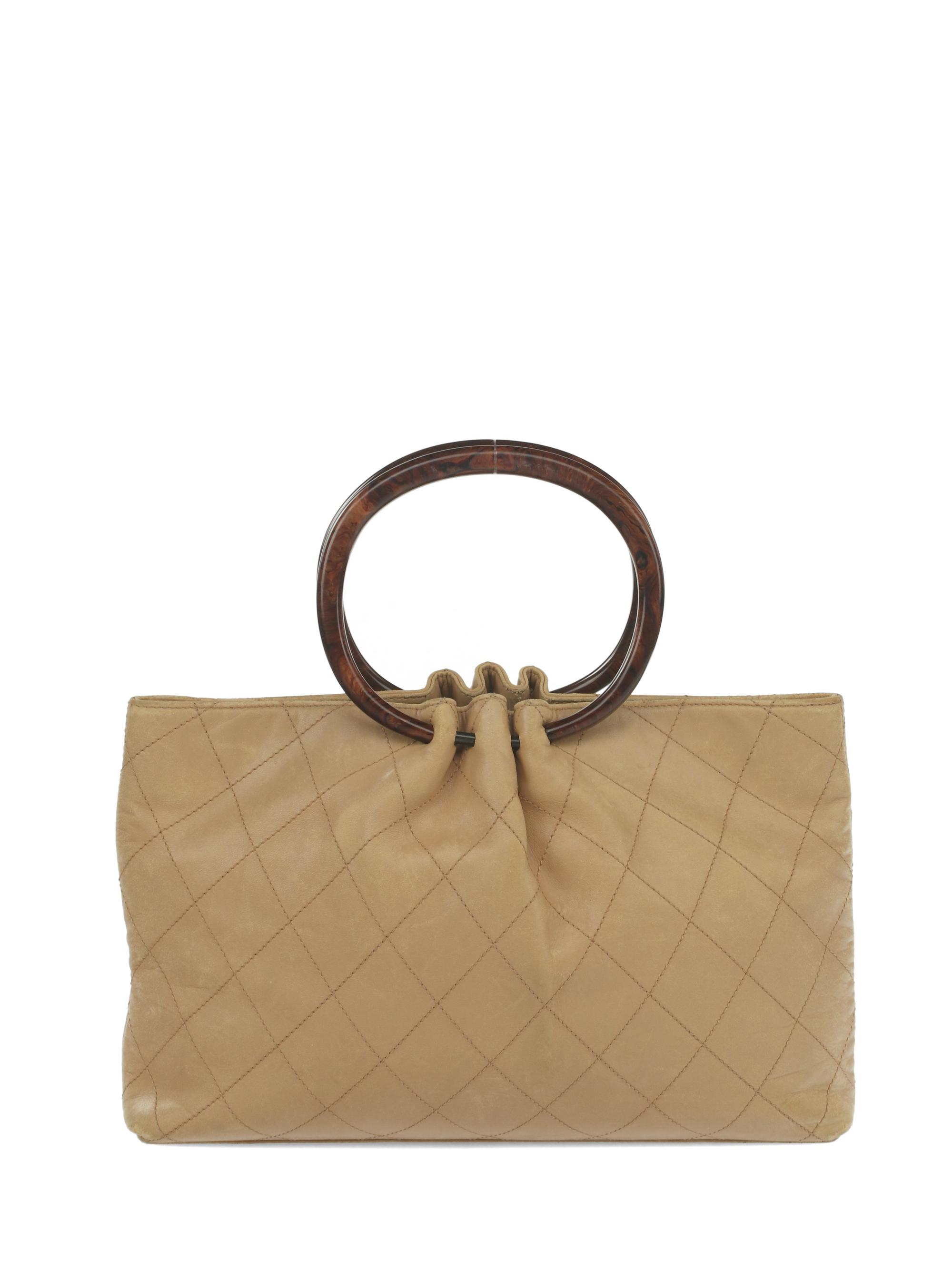 Chanel Wood Handle Tote in Quilted Tan Lambskin