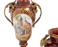 An Assembled French Gilt Metal Mounted Porcelain and Pottery Garniture