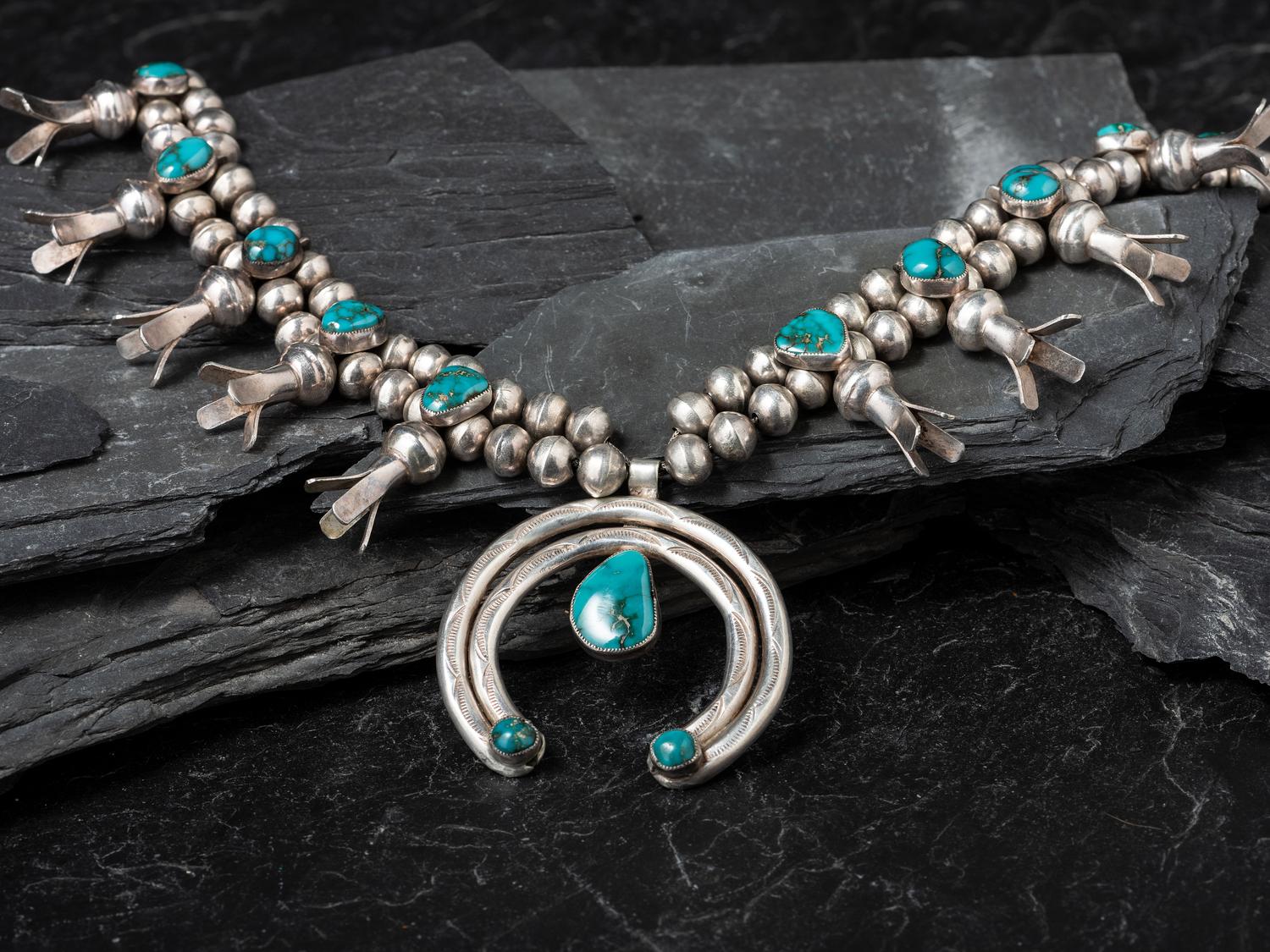 Navajo Silver and Turquoise Squash Blossom Necklace