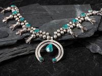 Navajo Silver and Turquoise Squash Blossom Necklace