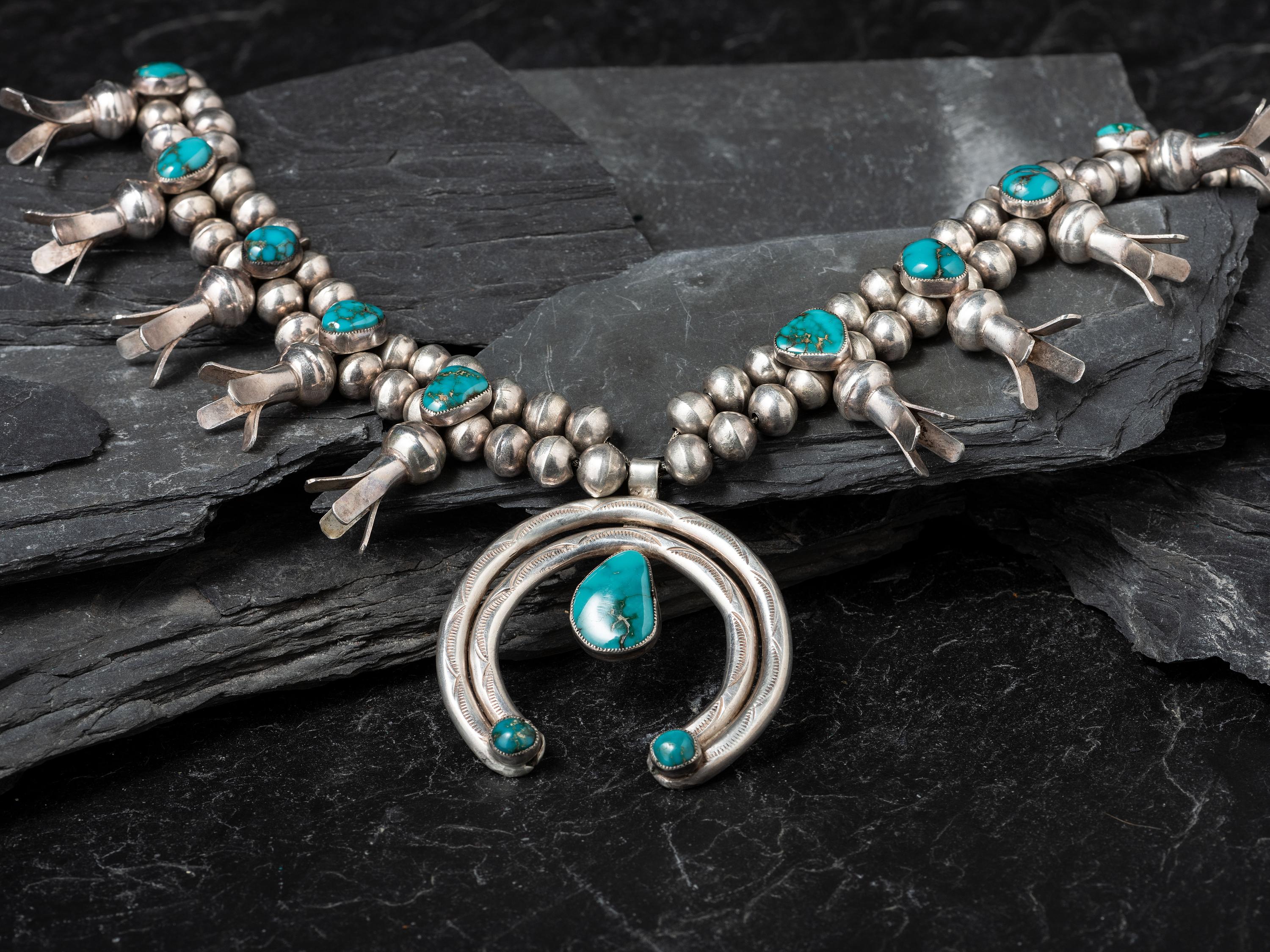 Navajo Silver and Turquoise Squash Blossom Necklace