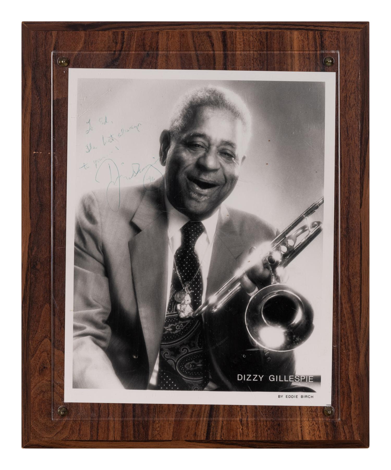 GILLESPIE, John Birks (“Dizzy”) (1917-1993). Photograph by Eddie Birch signed and inscribed (“Dizzy Gillespie”), to Ambassador Edward Joseph Perkins.