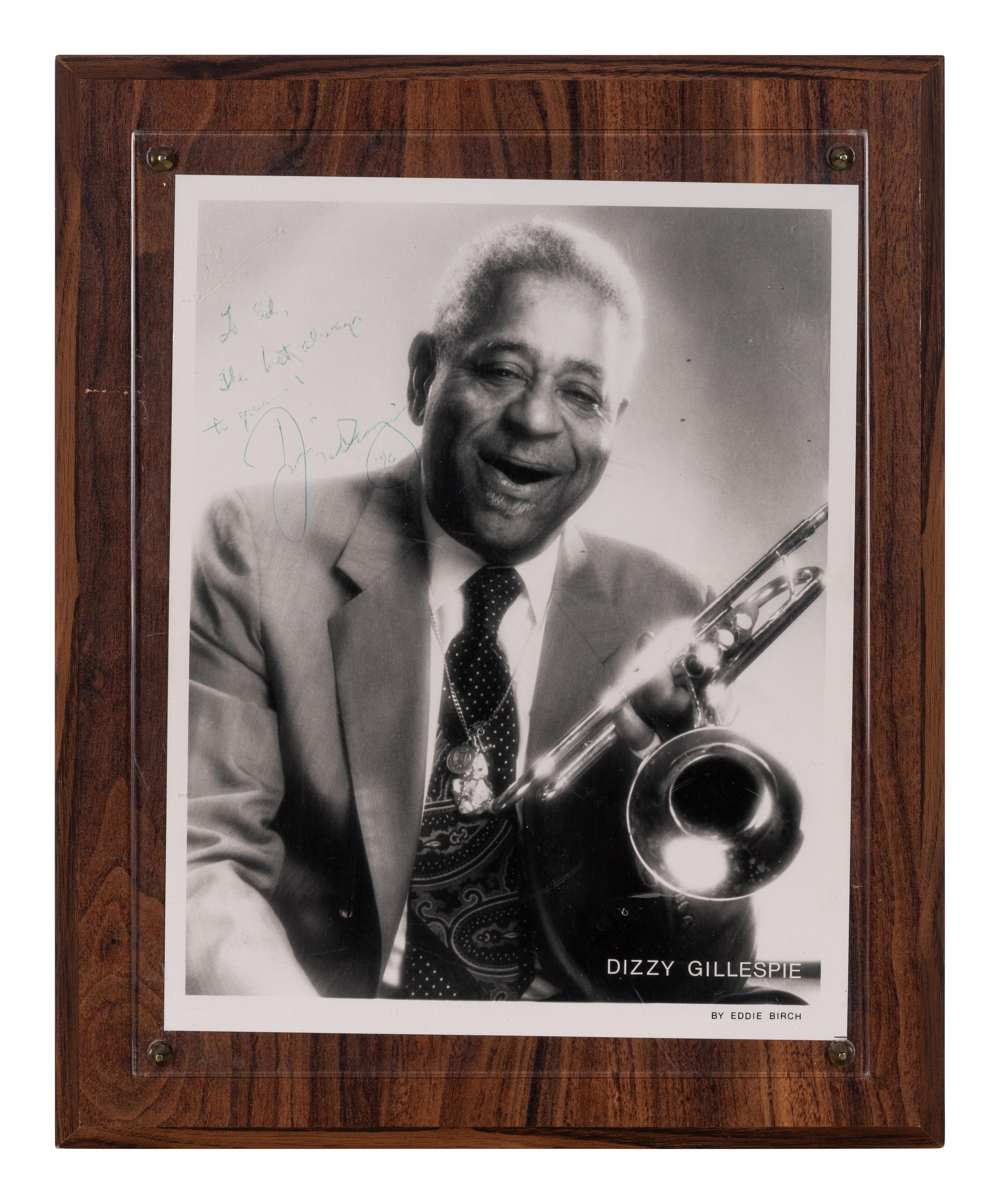 GILLESPIE, John Birks (“Dizzy”) (1917-1993). Photograph by Eddie Birch signed and inscribed (“Dizzy Gillespie”), to Ambassador Edward Joseph Perkins.