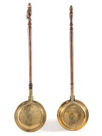 Two Engraved Brass and Wood Bed Warmers