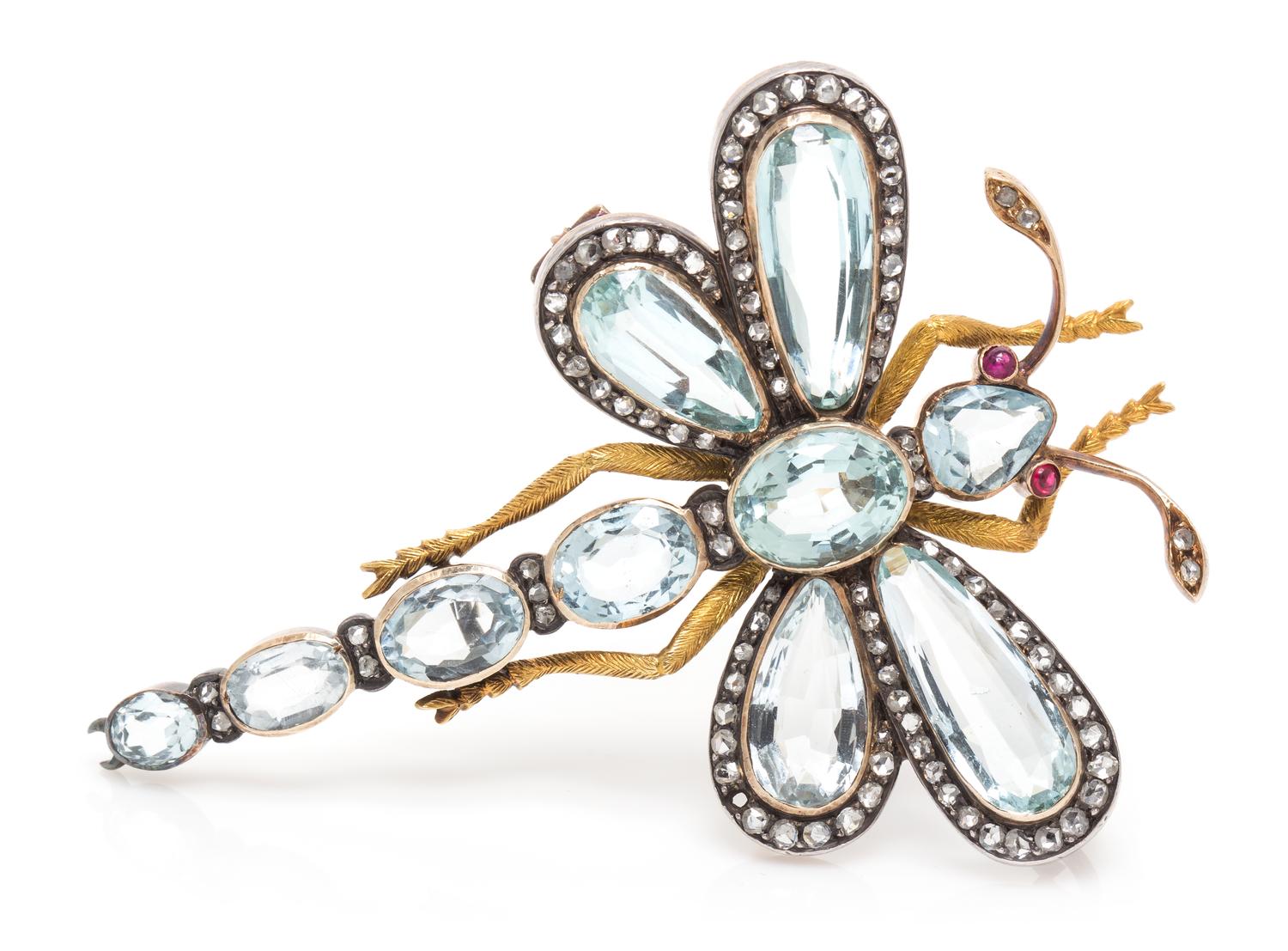 A Fine Belle Epoque Silver Topped Gold, Aquamarine, Diamond and Ruby Dragonfly Brooch, Fontenay, Circa 1883, 14.10 dwts.