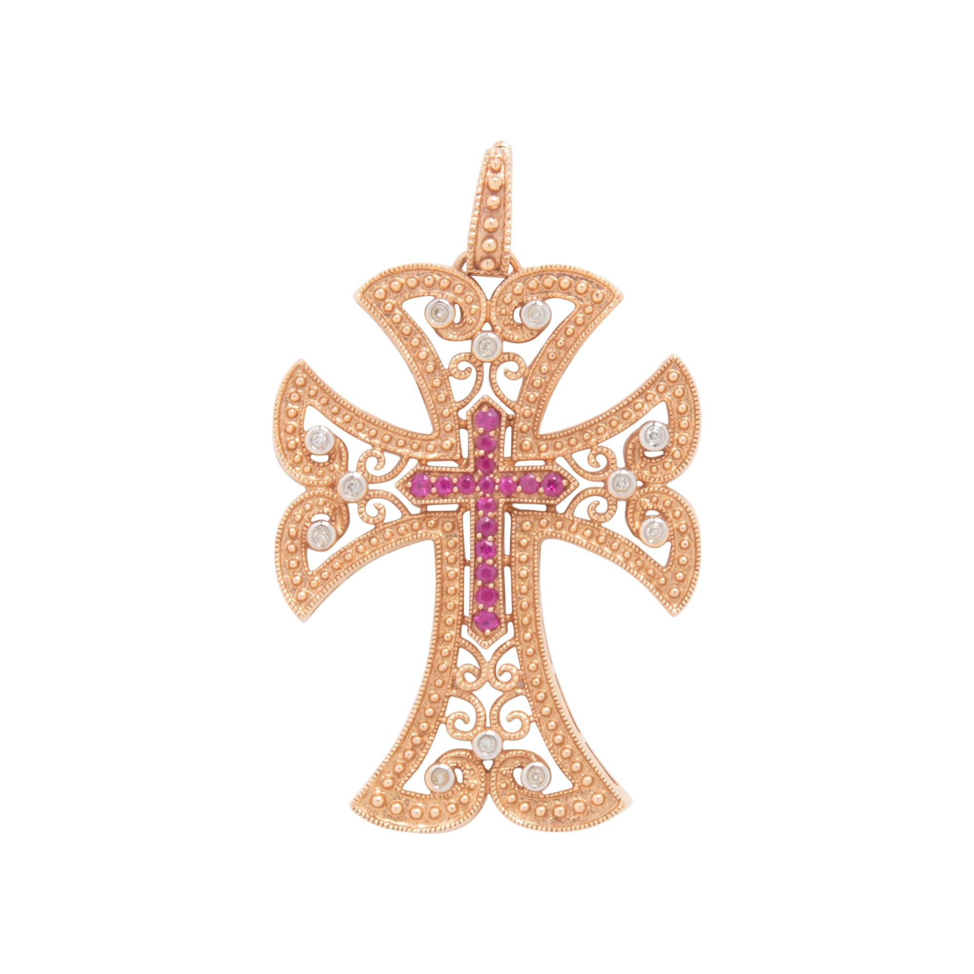 ROSE GOLD, PINK SAPPHIRE, DIAMOND AND MOTHER OF PEARL CROSS PENDANT