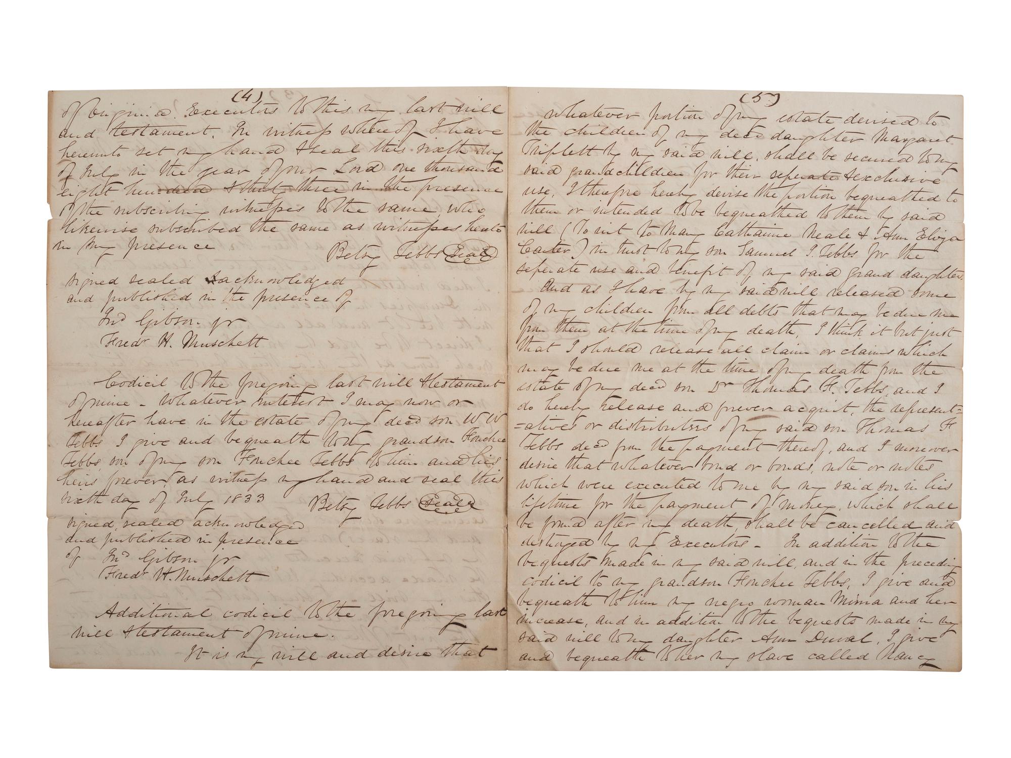[ENSLAVEMENT & ABOLITION]. A group of 4 documents identified to the Carr and Tebbs families of Virginia, incl. references to the manumission and sale of enslaved persons.