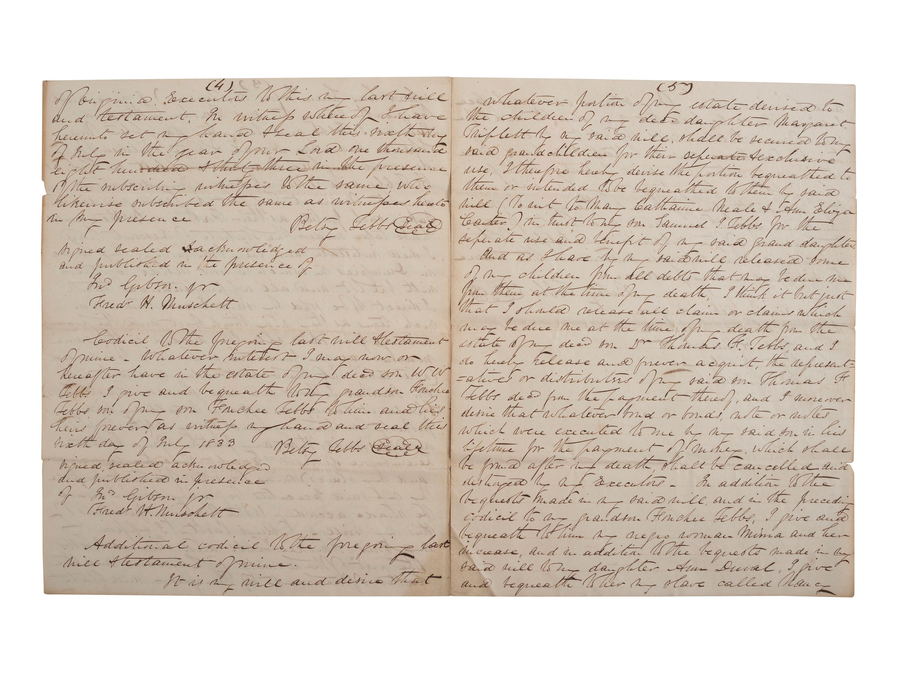 [ENSLAVEMENT & ABOLITION]. A group of 4 documents identified to the Carr and Tebbs families of Virginia, incl. references to the manumission and sale of enslaved persons.