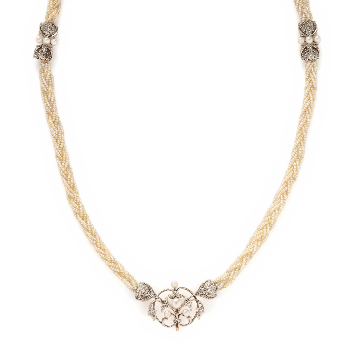 ANTIQUE, PLATINUM-TOPPED YELLOW GOLD, SEED PEARL AND DIAMOND SAUTOIR NECKLACE