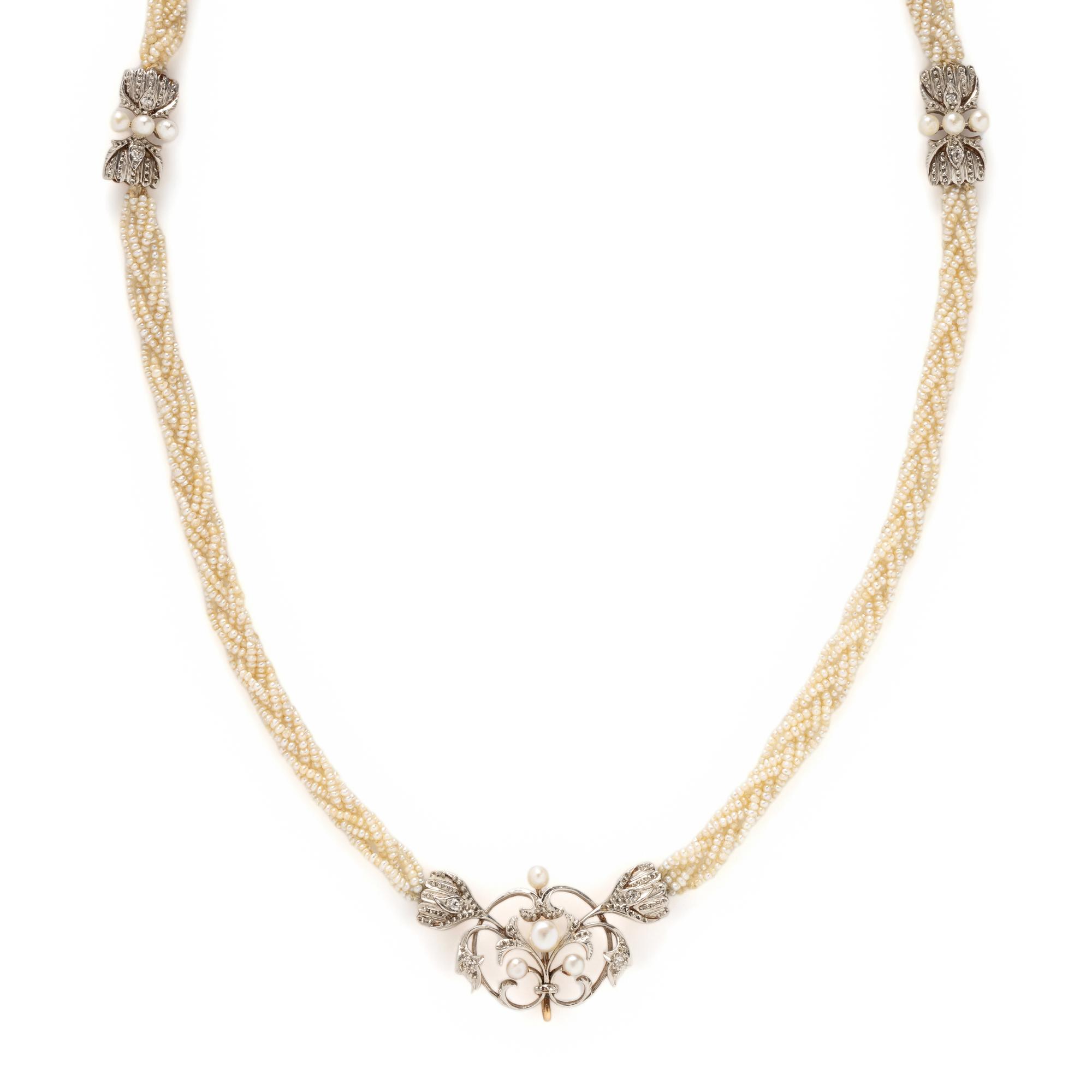 ANTIQUE, PLATINUM-TOPPED YELLOW GOLD, SEED PEARL AND DIAMOND SAUTOIR NECKLACE