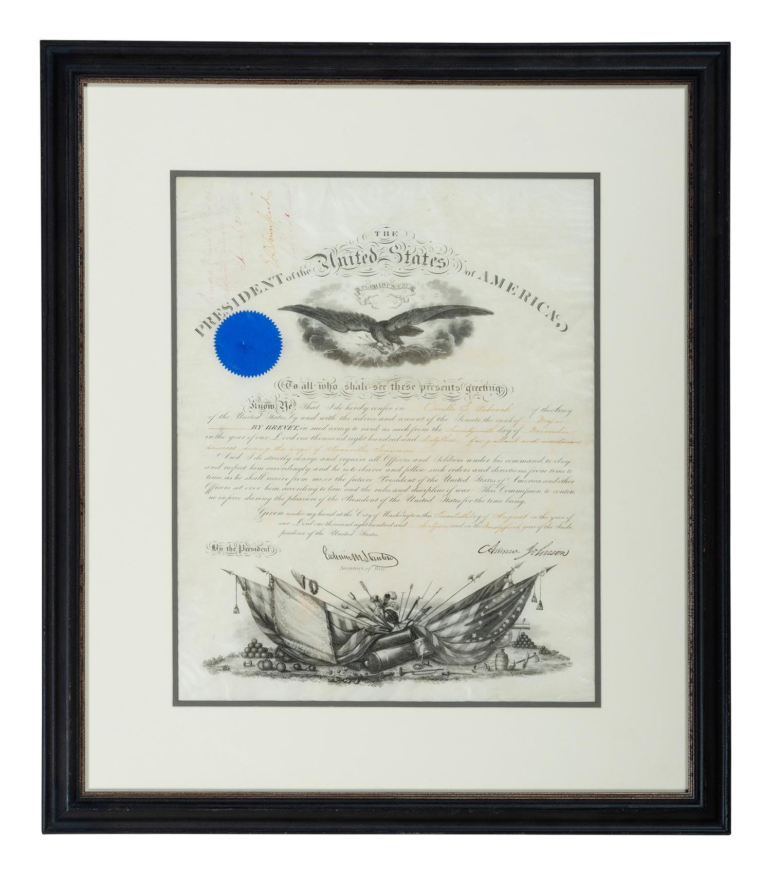 JOHNSON, Andrew (1808-1875). Partly-printed commission document stamp-signed ("Andrew Johnson"). Washington, D.C., 20 August 1866.