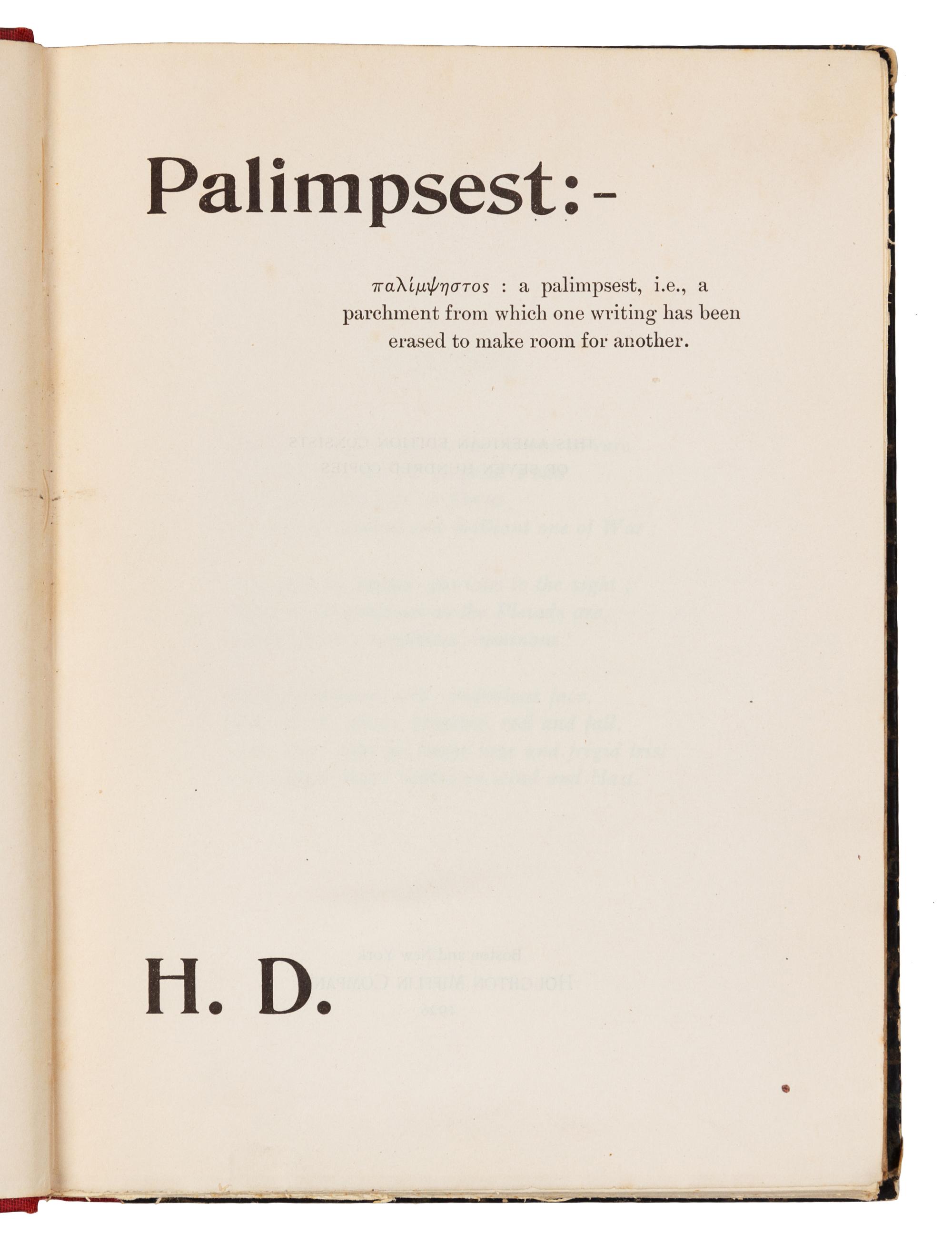 DOOLITTLE, Hilda ("H. D.") (1886-1961). Palimpsest. Boston and New York: Houghton Mifflin Company, 1926.