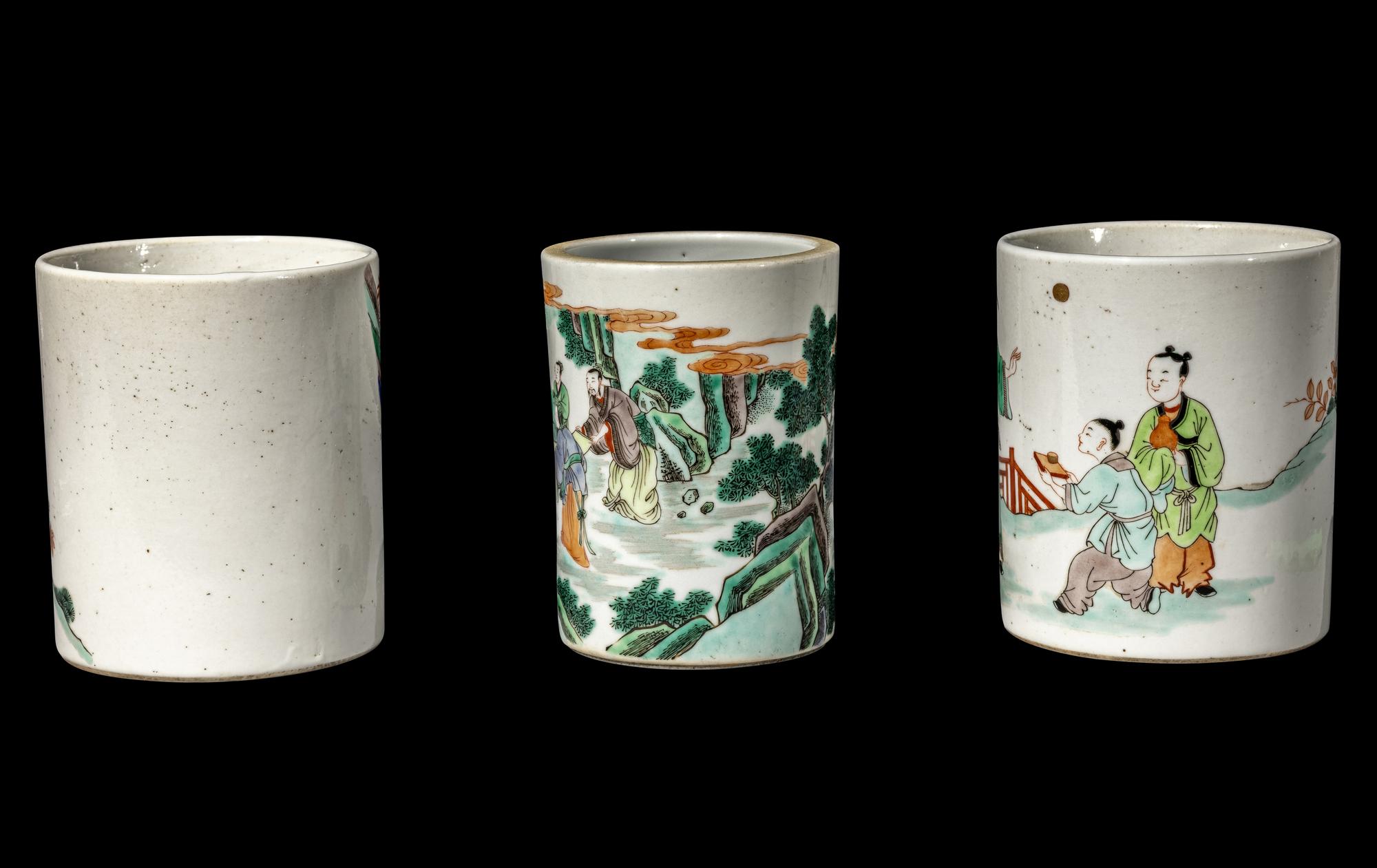 Three Chinese Famille Verte Porcelain Brushpots, Bitong