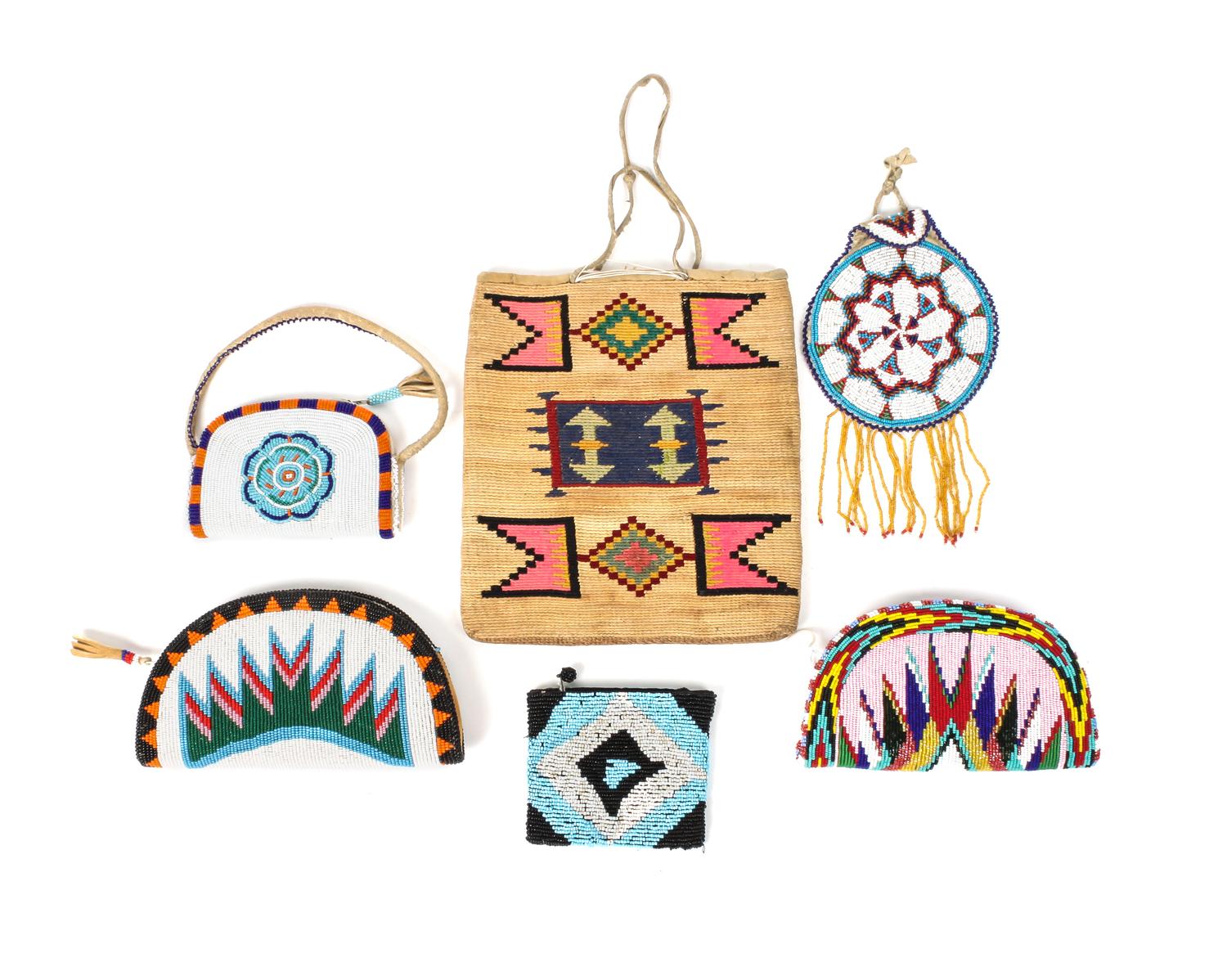 A Group of Five Southwestern Contemporary Beaded Bags Height of largest 9 1/4 x width 8 3/8 inches.