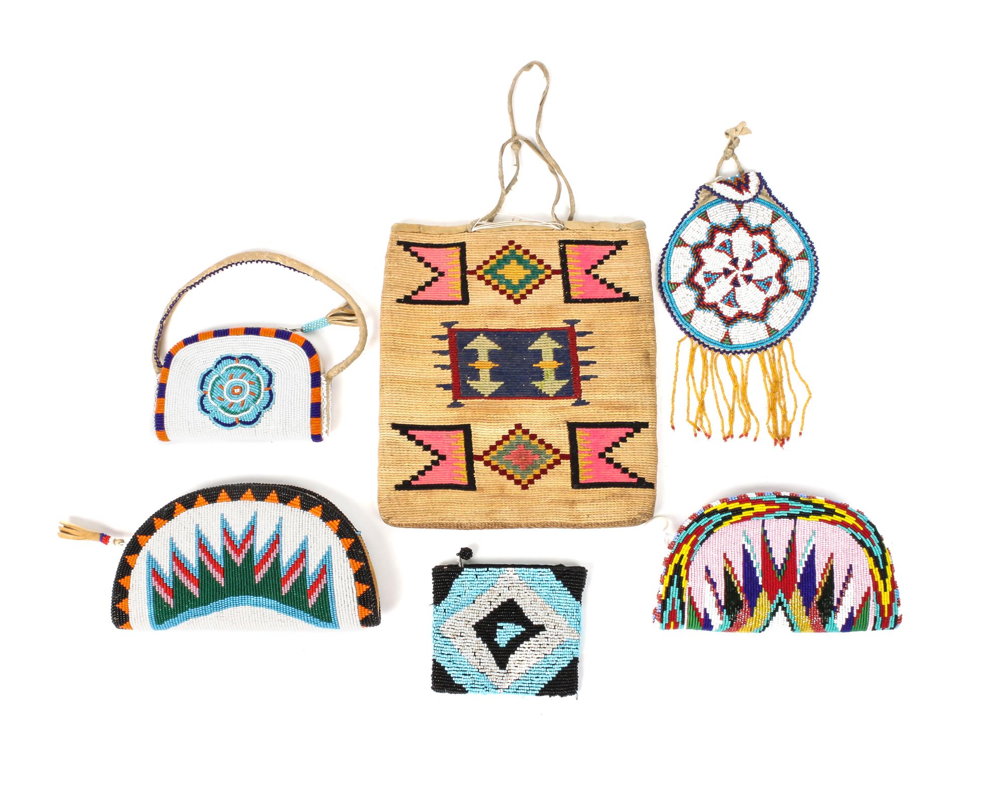 A Group of Five Southwestern Contemporary Beaded Bags Height of largest 9 1/4 x width 8 3/8 inches.
