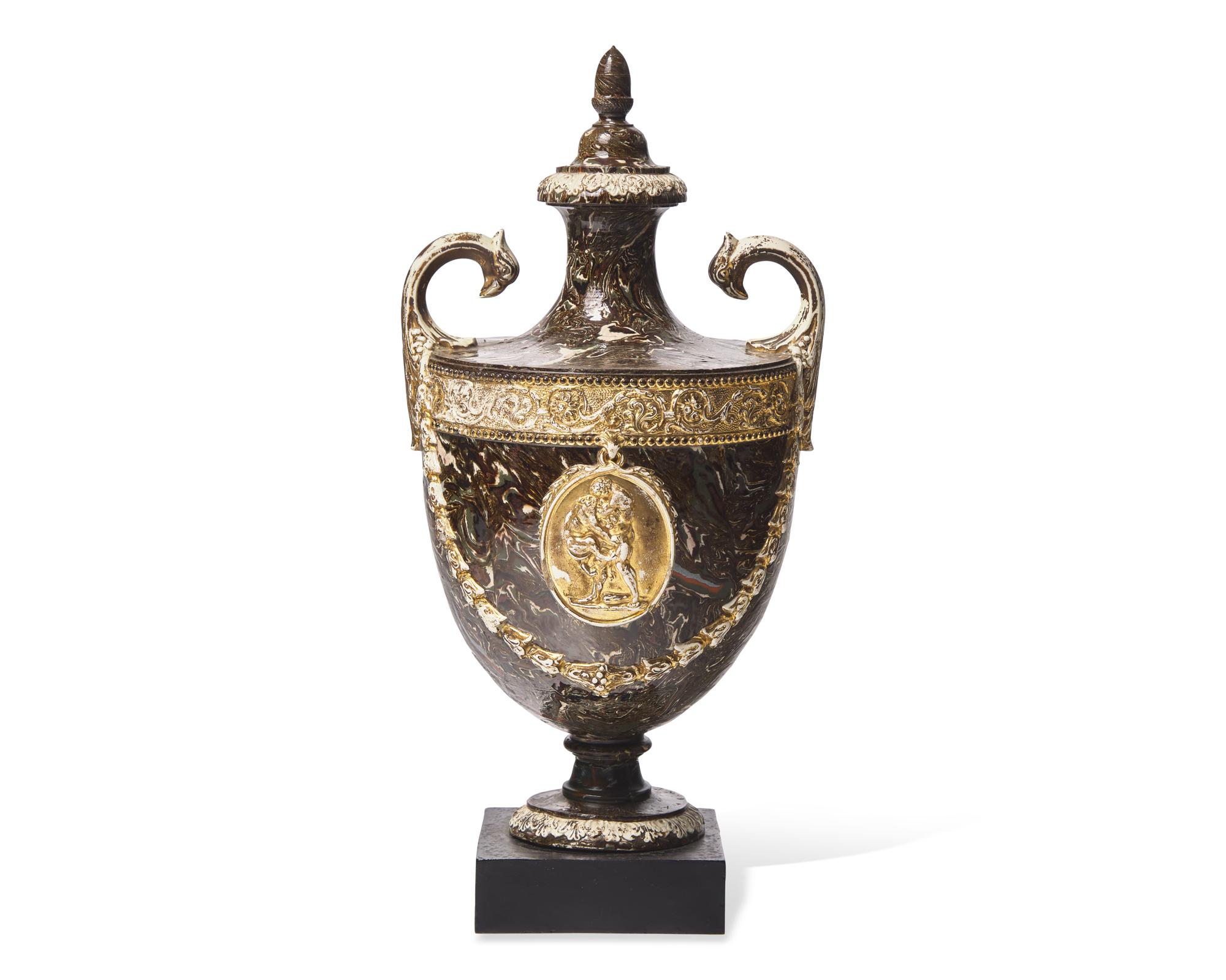 A James Neale Parcel Gilt Agateware Lidded Urn