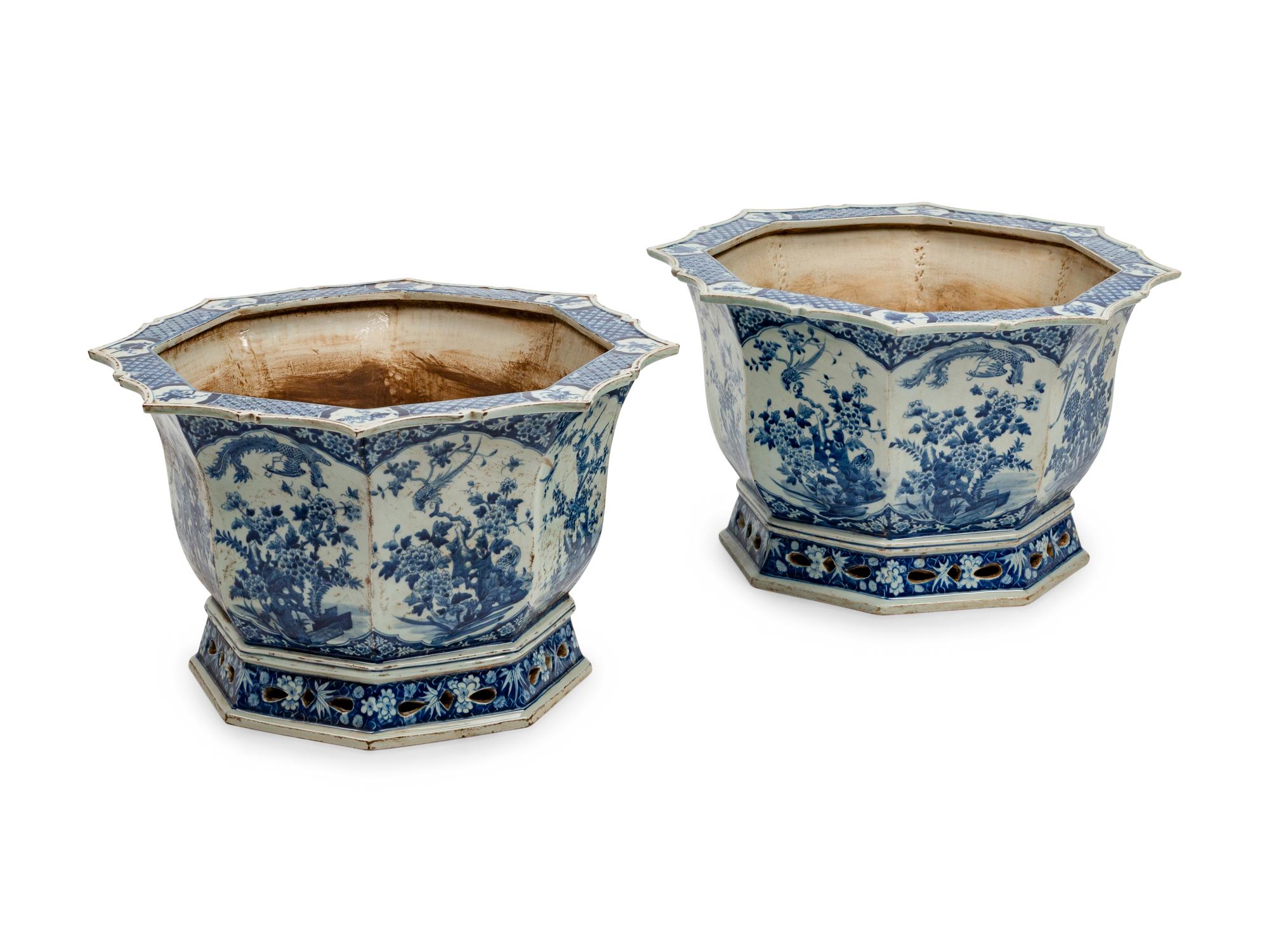 A Pair of Chinese Blue and White Porcelain Octagonal Jardinières