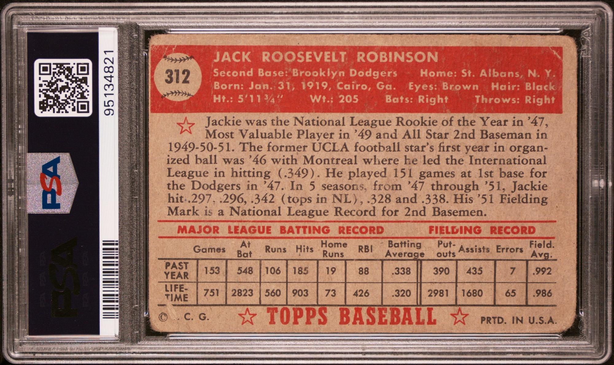A 1952 Topps Jackie Robinson Baseball Card No. 312 (PSA 1)