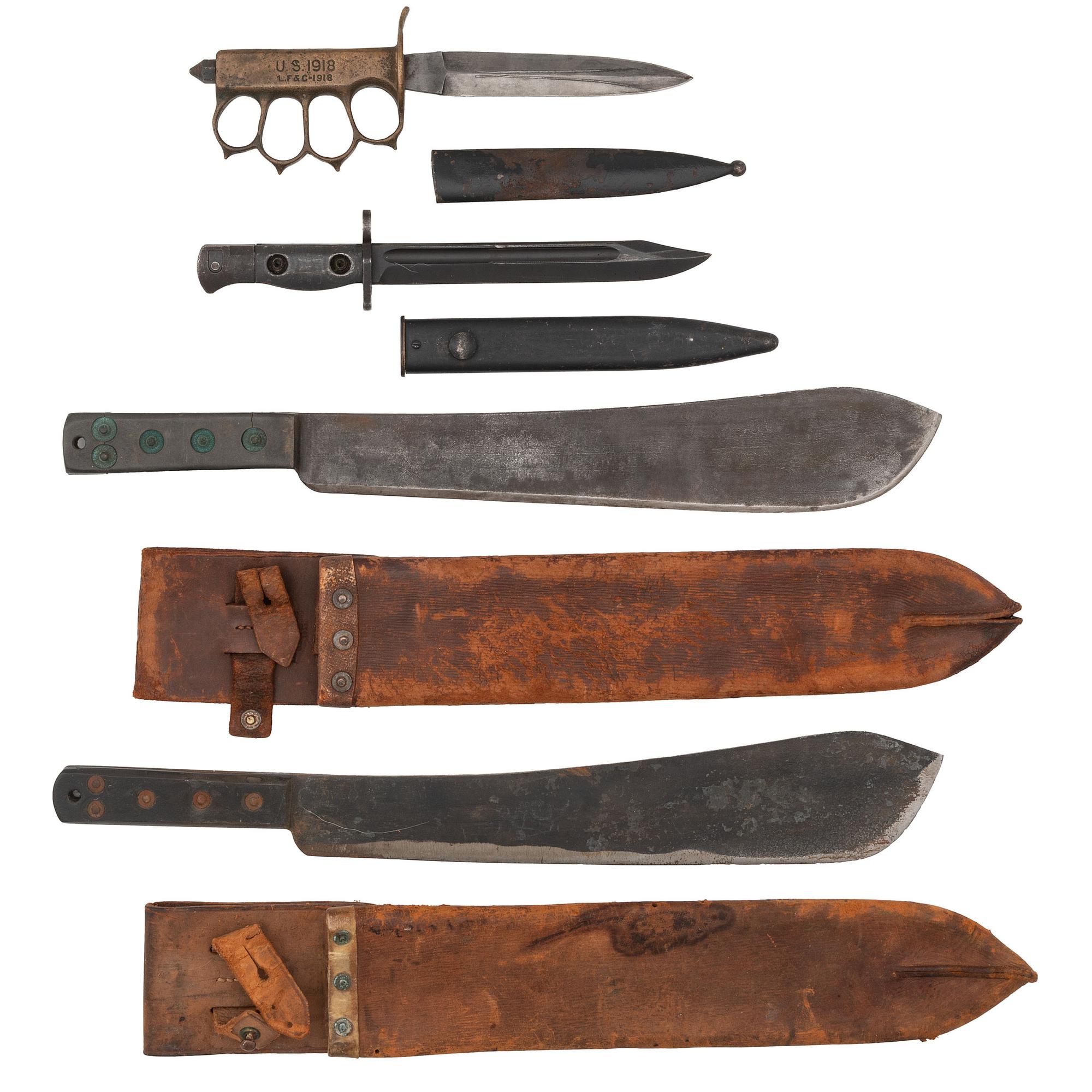 Lot of 20th Century Military Edged Weapons Including: Composite L.F. & C. Trench Knife, British L1A3 Bayonet, British Machetes